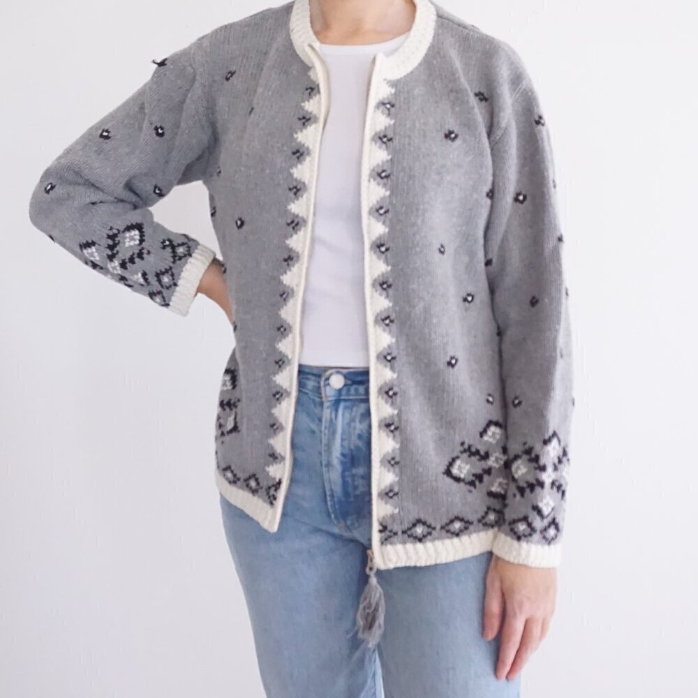 Vintage Northern Reflections Grey Knit Zip Up Cotton Blend Cardigan Sweater M